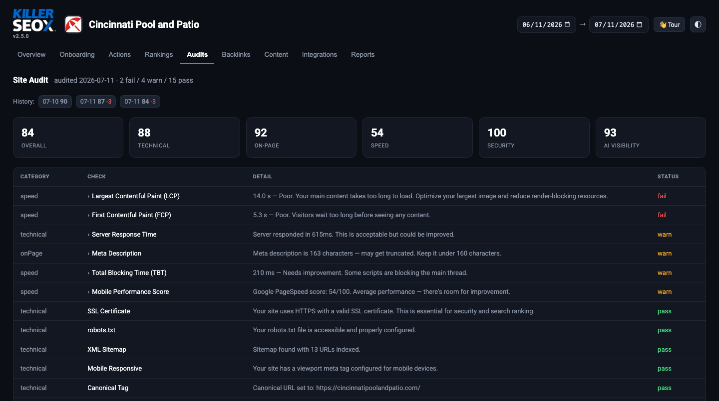 Site audit with expandable fix guidance
